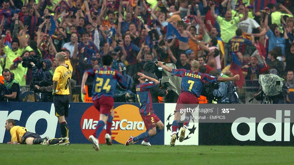 Barcelona's Juliano Belletti celebrates his goal in front of the Barcelona fans (Photo by Tony Marshall - PA