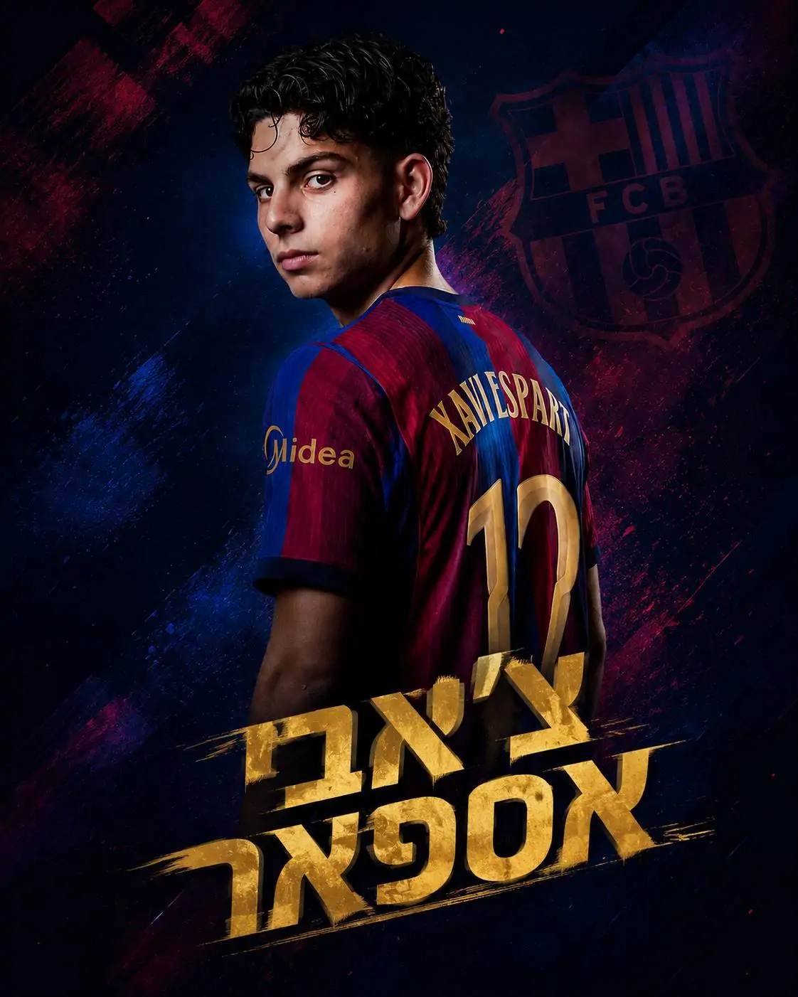 צ׳אבי אספאר על רקע סמל ברצלונה